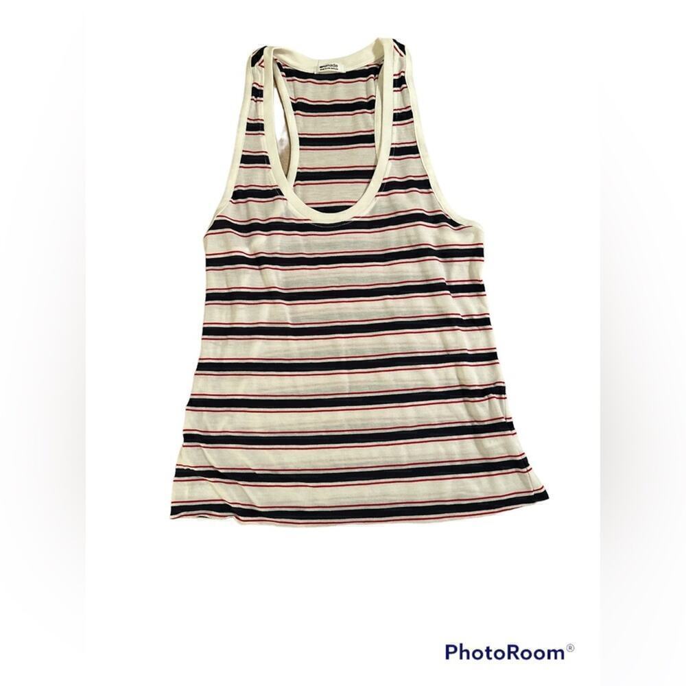 LAmade Women’s Racer Back Scoop Tank in Independent Stripe Red White Blue Sz S